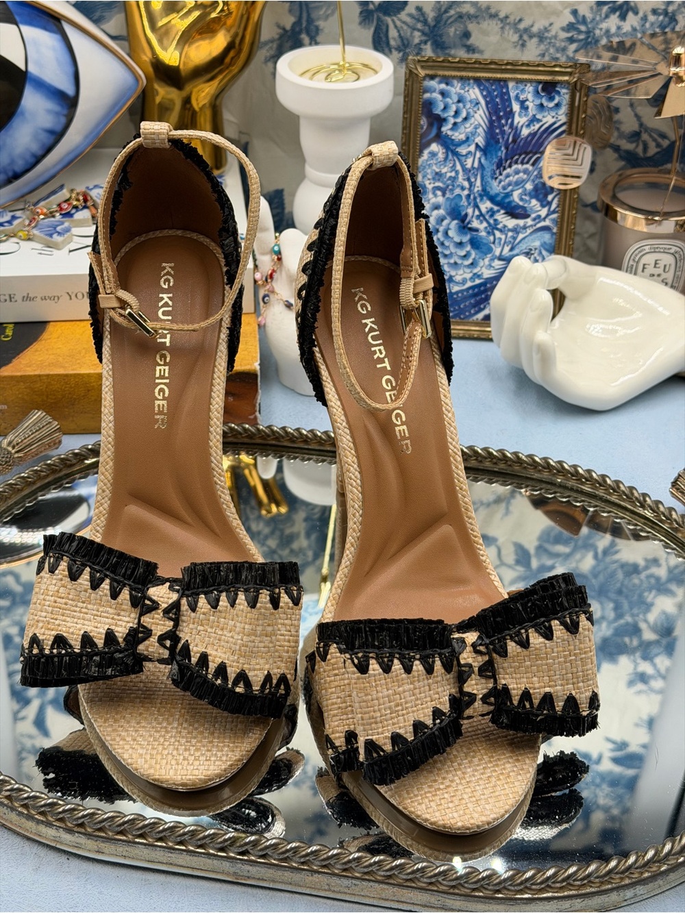 🆕 KG KURT GEIGER 🧿 NWOB Robbie Bow-Embellished Raffia High Heel, Sz 37 US 7 - Picture 13 of 15